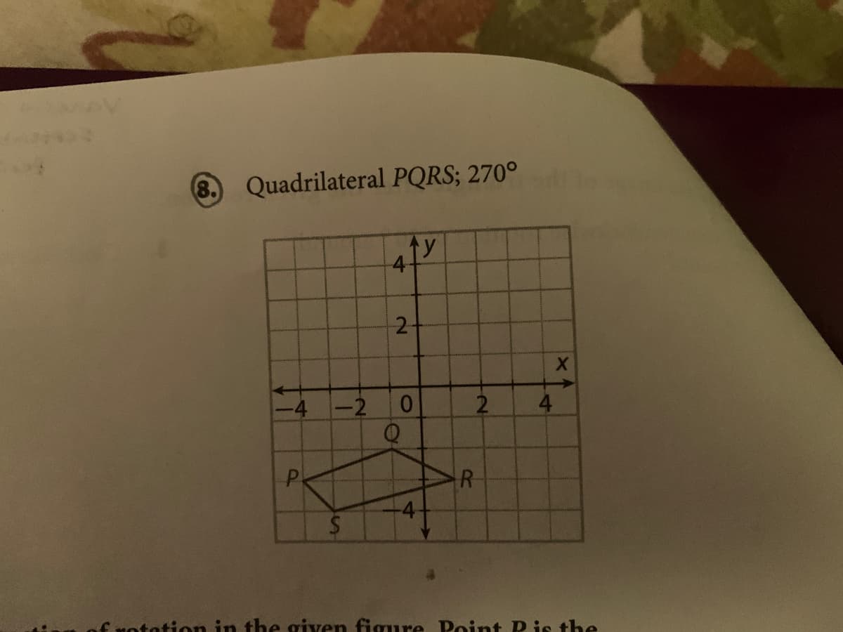 8. Quadrilateral PQRS; 270°
->
-4 -2
Q
2
R
4-
totion in the given figure Point D is the
4.
2.
