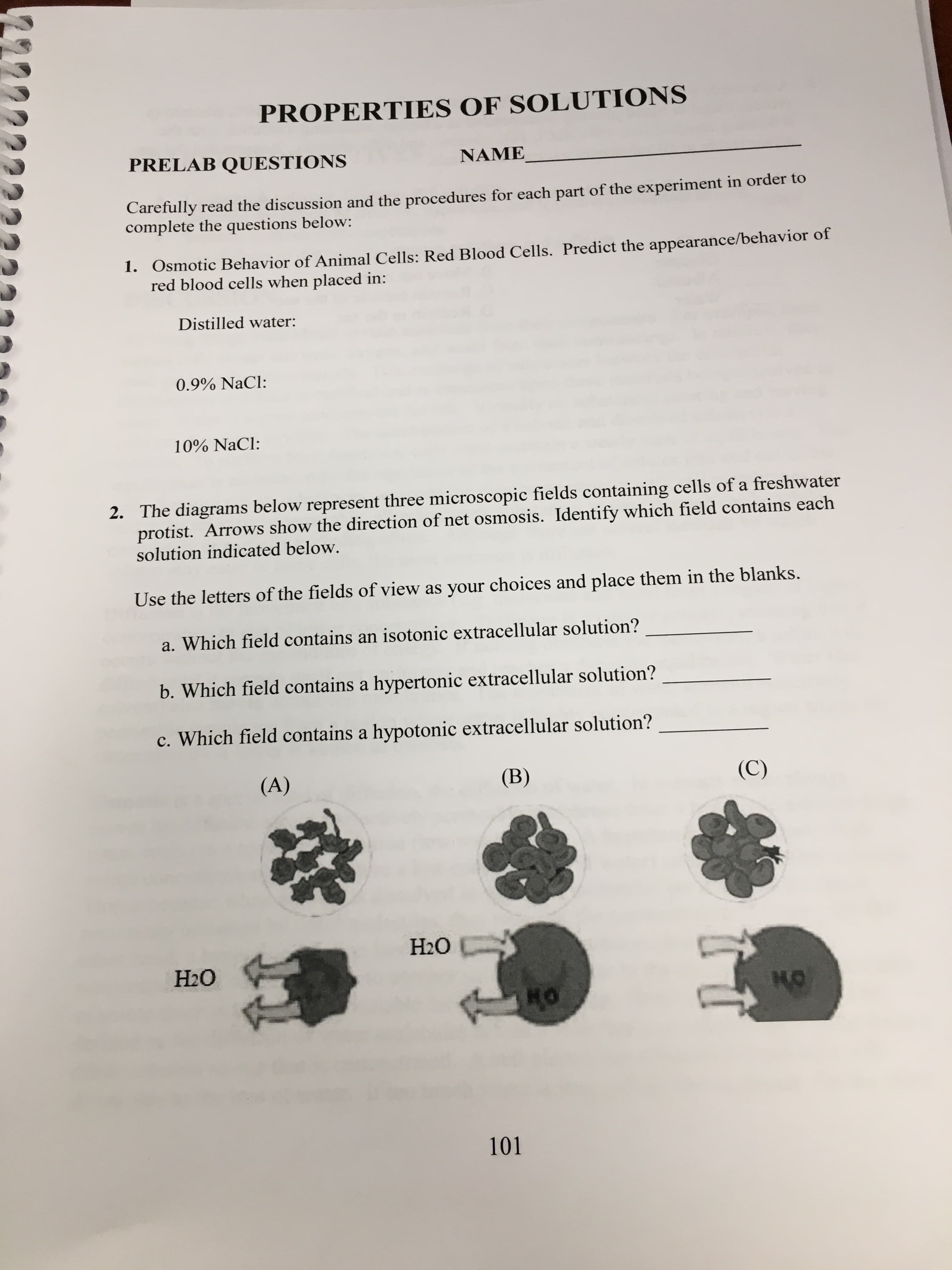 PROPERTIES OF SOLUTIONS
PRELAB QUESTIONS
NAME
Carefully read the discussion and the procedures for each part of the experiment in order to
complete the questions below:
1. Osmotic Behavior of Animal Cells: Red Blood Cells. Predict the appearance/behavior of
red blood cells when placed in:
Distilled water:
0.9% NaCl:
10% NaCl
2. The diagrams below represent three microscopic fields containing cells of a freshwater
protist. Arrows show the direction of net osmosis. Identify which field contains each
solution indicated below.
Use the letters of the fields of view as your choices and place them in the blanks.
a. Which field contains an isotonic extracellular solution?
b. Which field contains a hypertonic extracellular solution?
c. Which field contains a hypotonic extracellular solution?
(C)
(B)
(A)
H20
Н2О
HO
ко
101
