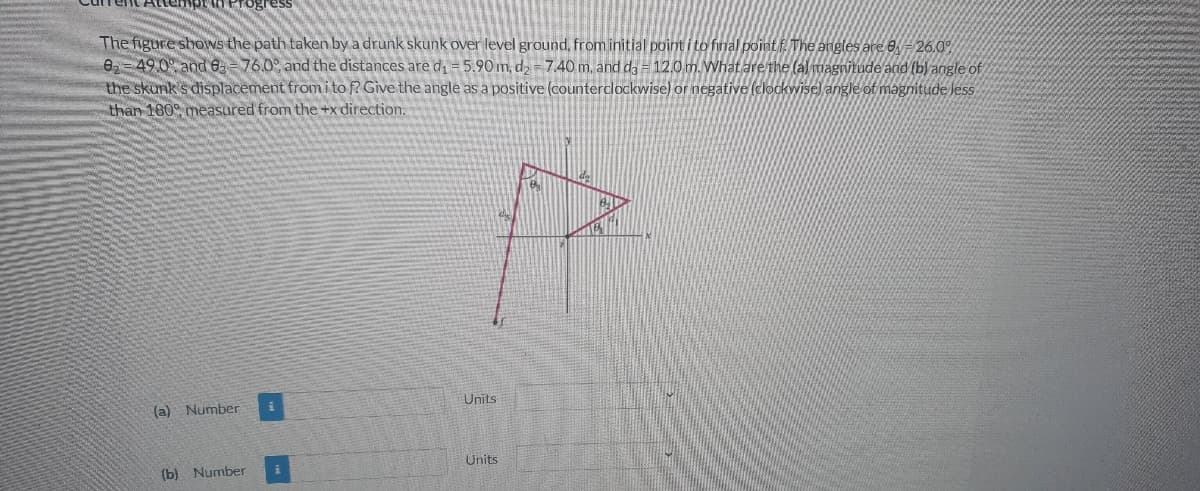 The figure shows the path taken by a drunk skunk over level ground, from initial point i to final point f. The angles are 9-26.0%
8₂-49.0% and 6-76.0°, and the distances are d₁ - 5.90 m, d₂-7.40 m. and da = 12.0 m. What are the (al magnitude and (b) angle of
the skunk's displacement from i to f? Give the angle as a positive (counterclockwise) or negative (clockwise) angle of magnitude less
than 180°, measured from the +x direction.
Units
(a) Number
Units
(b) Number
i