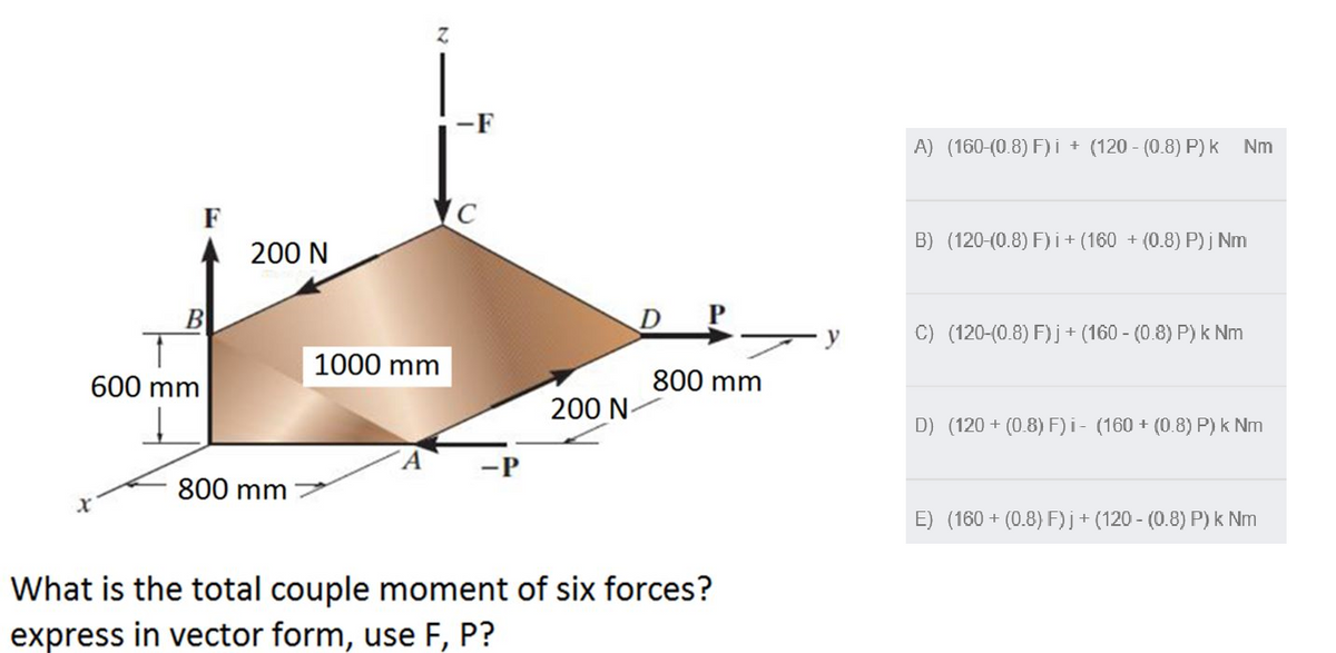 -F
A) (160-(0.8) F)i + (120 - (0.8) P) k Nm
F
B) (120-(0.8) F) i+ (160 + (0.8) P) j Nm
200 N
B
D P
y
C) (120-(0.8) F) j+ (160 - (0.8) P) k Nm
1000 mm
600 mm
800 mm
200 N-
D) (120 + (0.8) F) i- (160 + (0.8) P) k Nm
800 mm
E) (160 + (0.8) F)j+(120 - (0.8) P) k Nm
What is the total couple moment of six forces?
express in vector form, use F, P?
