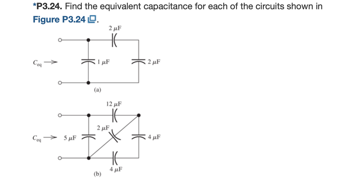 *P3.24. Find the equivalent capacitance for each of the circuits shown in
Figure P3.24 O.
2 µF
Cea
1 µF
2 µF
(a)
12 μF
2 μF
Ceq
5 μF
4 µF
4 μF
(b)
