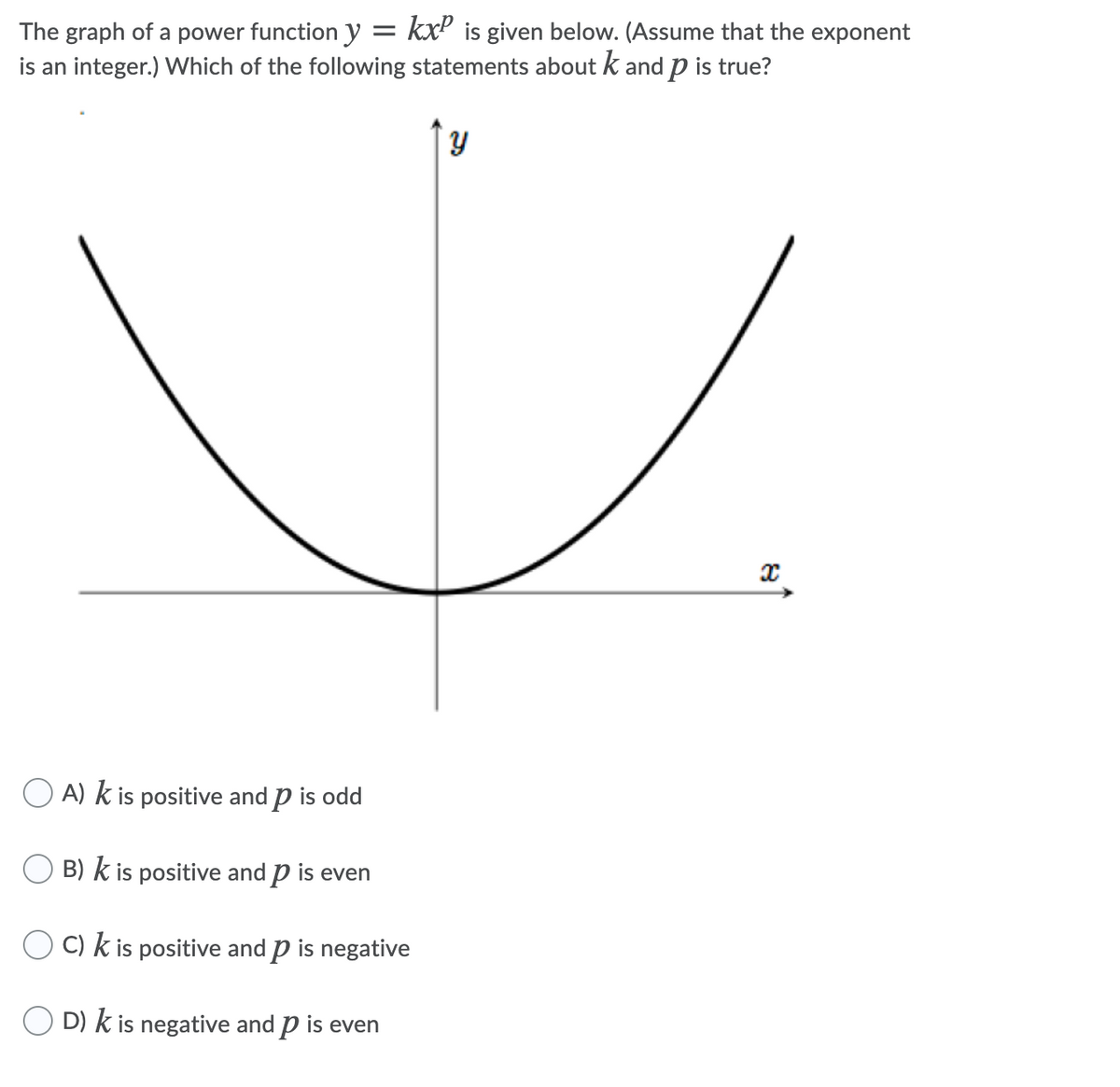 The graph of a power function y = kxP is given below. (Assume that the exponent
is an integer.) Which of the following statements about k and p is true?
A) k is positive and p is odd
O B) k is positive and p is even
C) k is positive and p is negative
O D) k is negative and p is even
