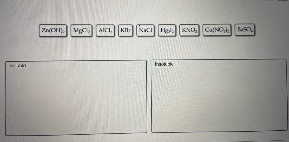 Zn(OH)2
MgCl, AICI,
KBr
NaCl
Hg,l2 KNO, Cu(NO,)2 BaSO,
Soluble
Insoluble
