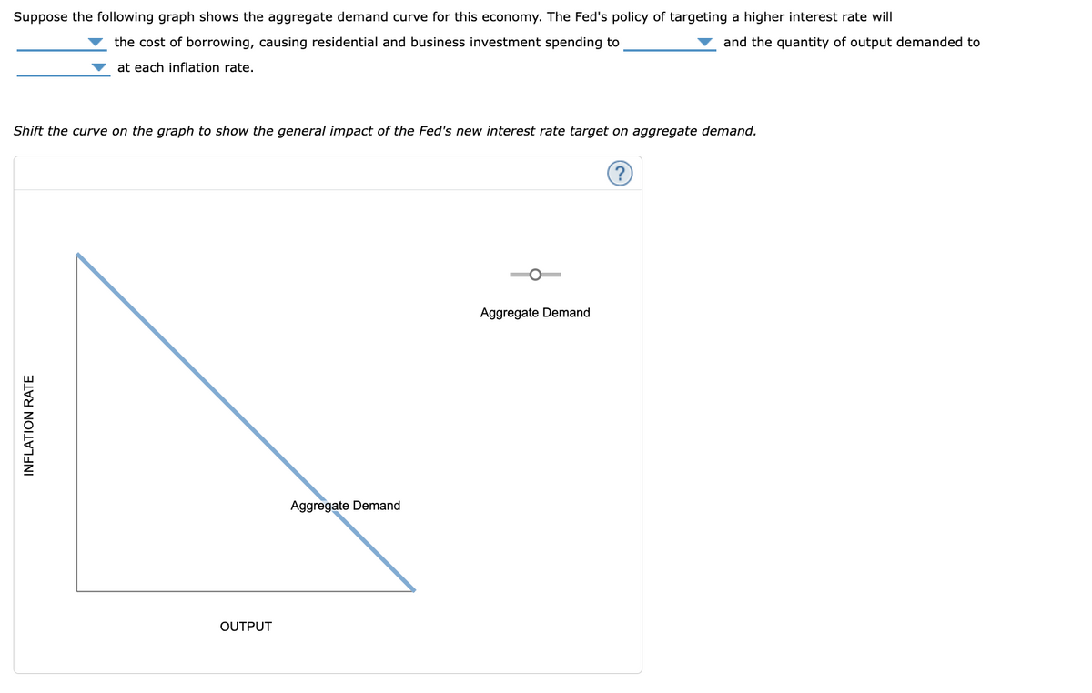 Suppose the following graph shows the aggregate demand curve for this economy. The Fed's policy of targeting a higher interest rate will
and the quantity of output demanded to
the cost of borrowing, causing residential and business investment spending to
at each inflation rate.
Shift the curve on the graph to show the general impact of the Fed's new interest rate target on aggregate demand.
INFLATION RATE
OUTPUT
Aggregate Demand
Aggregate Demand
?