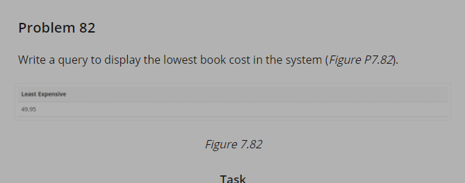 Problem 82
Write a query to display the lowest book cost in the system (Figure P7.82).
Least Expensive
49.95
Figure 7.82
Task
