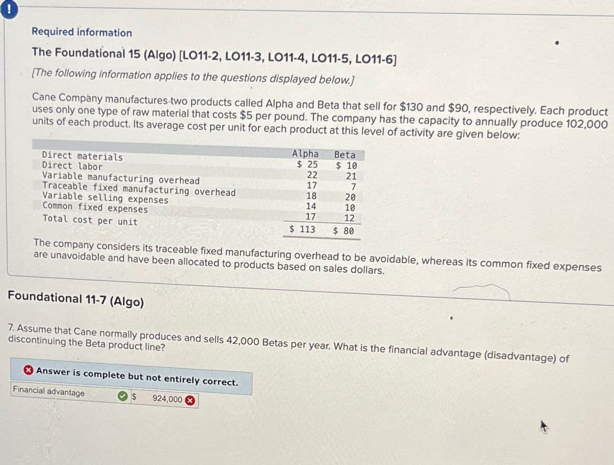 !
Required information
The Foundational 15 (Algo) [LO11-2, LO11-3, LO11-4, LO11-5, LO11-6]
[The following information applies to the questions displayed below.]
Cane Company manufactures two products called Alpha and Beta that sell for $130 and $90, respectively. Each product
uses only one type of raw material that costs $5 per pound. The company has the capacity to annually produce 102,000
units of each product. Its average cost per unit for each product at this level of activity are given below:
Direct materials
Variable manufacturing overhead
Direct labor
Traceable fixed manufacturing overhead
Variable selling expenses
Common fixed expenses
Total cost per unit
Alpha
$ 25
Beta
$ 10
22
21
17
7
18
20
14
10
17
12
$ 113
$ 80
The company considers its traceable fixed manufacturing overhead to be avoidable, whereas its common fixed expenses
are unavoidable and have been allocated to products based on sales dollars.
Foundational 11-7 (Algo)
7. Assume that Cane normally produces and sells 42,000 Betas per year. What is the financial advantage (disadvantage) of
discontinuing the Beta product line?
Answer is complete but not entirely correct.
Financial advantage
$
924,000X