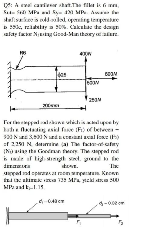 Q5: A steel cantilever shaft.The fillet is 6 mm,
Sut= 560 MPa and Sy= 420 MPa. Assume the
shaft surface is cold-rolled, operating temperature
is 550c, reliability is 50%. Calculate the design
safety factor Nfusing Good-Man theory of failure.
R6
400N
|$25
600N
500N
250N
200mm
For the stepped rod shown which is acted upon by
both a fluctuating axial force (F1) of between -
900 N and 3,600 N and a constant axial force (F2)
of 2,250 N, determine (a) The factor-of-safety
(Nf) using the Goodman theory. The stepped rod
is made of high-strength steel, ground to the
dimensions
shown.
The
stepped rod operates at room temperature. Known
that the ultimate stress 735 MPa, yield stress 500
MPa and k=1.15.
d = 0.48 cm
d = 0.32 cm
F,
F2
