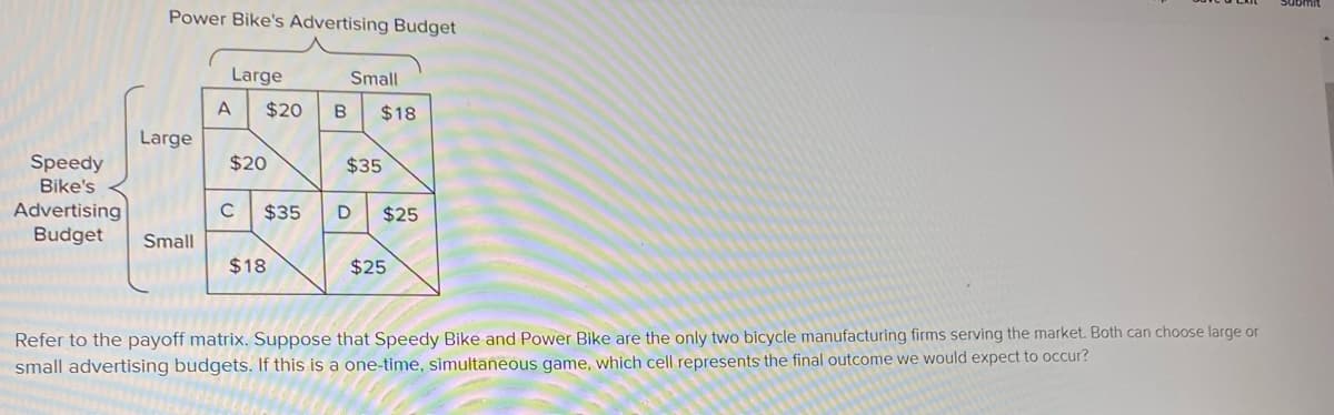 Speedy
Bike's
Advertising
Power Bike's Advertising Budget
Large
Budget Small
Large
Small
A $20 B $18
$20
с $35
$18
$35
D $25
$25
Refer to the payoff matrix. Suppose that Speedy Bike and Power Bike are the only two bicycle manufacturing firms serving the market. Both can choose large or
small advertising budgets. If this is a one-time, simultaneous game, which cell represents the final outcome we would expect to occur?