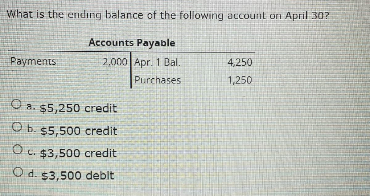 What is the ending balance of the following account on April 30?
Accounts Payable
Payments
2,000 Apr. 1 Bal.
4,250
Purchases
1,250
O a. $5,250 credit
O b. $5,500 credit
O c. $3,500 credit
O d. $3,500 debit