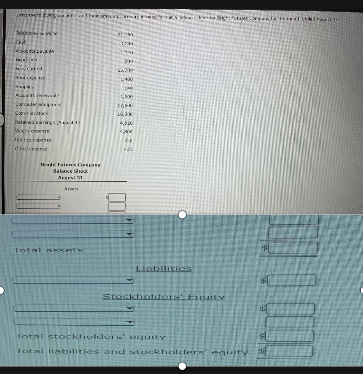 Using the following accounts and their amounts, prepare in good format a balance sheet for Bright Futures Company for the month ended August 31.
Telephone expense
$1,150
3,000
Cash
Accounts payable
1,540
Dividends
800
Fees earned
15,700
Rent expense
1,400
Supplies
140
Accounts receivable
1,500
Computer equipment
17,600
Common stock
10,000
Retained earnings (August 1)
4,320
Wages expense
4,800
Utilities expense
750
Office expense
420
Bright Futures Company
Balance Sheet
August 31
Assets
Total assets
Liabilities
Stockholders' Equity.
Total stockholders' equity
S
Total liabilities and stockholders' equity $