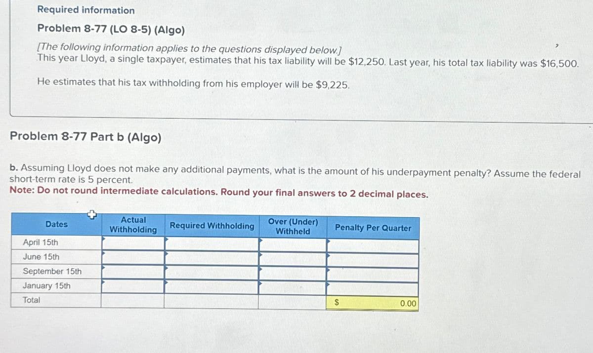 Required information
Problem 8-77 (LO 8-5) (Algo)
[The following information applies to the questions displayed below.]
This year Lloyd, a single taxpayer, estimates that his tax liability will be $12,250. Last year, his total tax liability was $16,500.
He estimates that his tax withholding from his employer will be $9,225.
Problem 8-77 Part b (Algo)
b. Assuming Lloyd does not make any additional payments, what is the amount of his underpayment penalty? Assume the federal
short-term rate is 5 percent.
Note: Do not round intermediate calculations. Round your final answers to 2 decimal places.
Dates
April 15th
June 15th
September 15th
January 15th
Total
Actual
Withholding
Required Withholding
Over (Under)
Withheld
Penalty Per Quarter
$
0.00