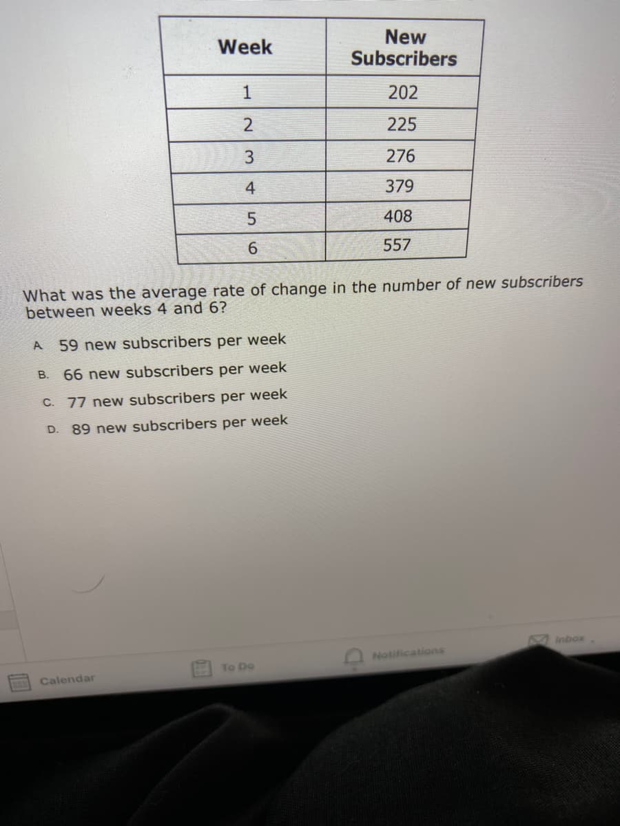 New
Subscribers
Week
1
202
2
225
276
4
379
5.
408
557
What was the average rate of change in the number of new subscribers
between weeks 4 and 6?
59 new subscribers per week
B.
66 new subscribers per week
C.
77 new subscribers per week
D.
89 new subscribers per week
AInbox
Notifications
To Do
Calendar
