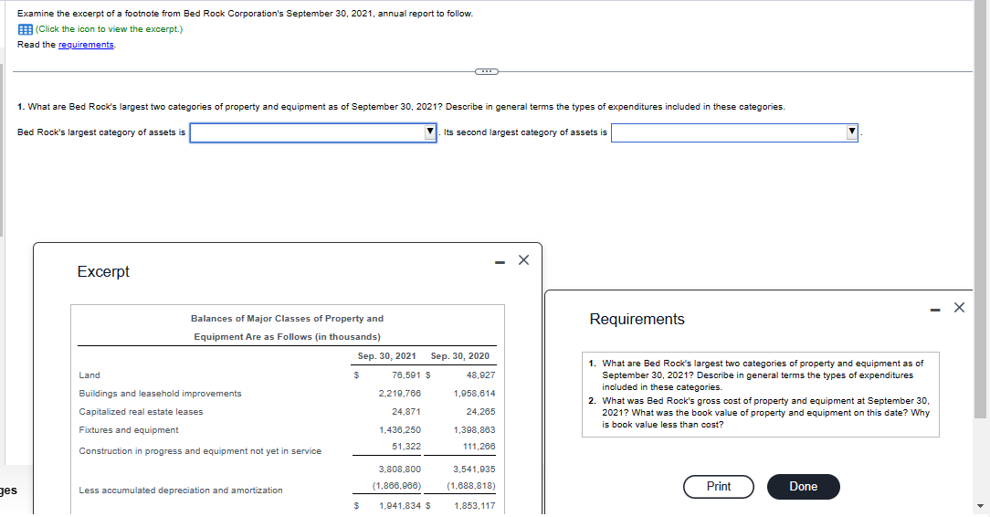 Examine the excerpt of a footnote from Bed Rock Corporation's September 30, 2021, annual report to follow.
(Click the icon to view the excerpt.)
Read the requirements.
ges
1. What are Bed Rock's largest two categories of property and equipment as of September 30, 2021? Describe in general terms the types of expenditures included in these categories.
Bed Rock's largest category of assets is
Excerpt
Balances of Major Classes of Property and
Equipment Are as follows (in thousands)
Land
Buildings and leasehold improvements
Capitalized real estate leases
Fixtures and equipment
Construction in progress and equipment not yet in service
Less accumulated depreciation and amortization
-
Sep. 30, 2021
$
3,808,800
(1,866,966)
$ 1,941,834 $
Its second largest category of assets is
Sep. 30, 2020
76,591 $
48,927
2,219,766 1,958,614
24,871
24,265
1,436,250
1,398,863
51,322
111,266
- X
3,541,935
(1,688,818)
1,853,117
Requirements
1. What are Bed Rock's largest two categories of property and equipment as of
September 30, 2021? Describe in general terms the types of expenditures
included in these categories.
2. What was Bed Rock's gross cost of property and equipment at September 30,
2021? What was the book value of property and equipment on this date? Why
is book value less than cost?
Print
- X
Done