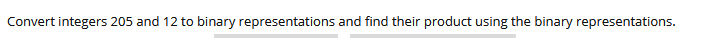 Convert integers 205 and 12 to binary representations and find their product using the binary representations.
