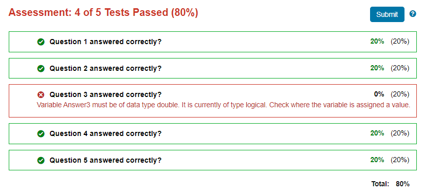 Assessment: 4 of 5 Tests Passed (80%)
Question 1 answered correctly?
Question 2 answered correctly?
Question 4 answered correctly?
Submit
Question 5 answered correctly?
20% (20%)
0% (20%)
Question 3 answered correctly?
Variable Answer3 must be of data type double. It is currently of type logical. Check where the variable is assigned a value.
20% (20%)
20% (20%)
20% (20%)
Total: 80%