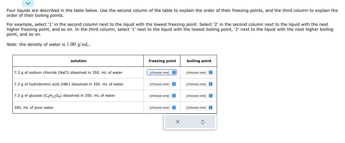 Four liquids are described in the table below. Use the second column of the table to explain the order of their freezing points, and the third column to explain the
order of their boiling points.
For example, select '1' in the second column next to the liquid with the lowest freezing point. Select '2' in the second column next to the liquid with the next
higher freezing point, and so on. In the third column, select '1' next to the liquid with the lowest boiling point, '2' next to the liquid with the next higher boiling
point, and so on.
Note: the density of water is 1.00 g/mL.
solution
7.3 g of sodium chloride (NaCl) dissolved in 350. mL of water
7.3 g of hydrobromic acid (HBr) dissolved in 350. mL of water
7.3 g of glucose (C6H1206) dissolved in 350. mL of water
350. mL of pure water
freezing point
(choose one) €
(choose one)
(choose one)
(choose one) @
X
boiling point
(choose one)
(choose one)
(choose one)
(choose one) C
Ś