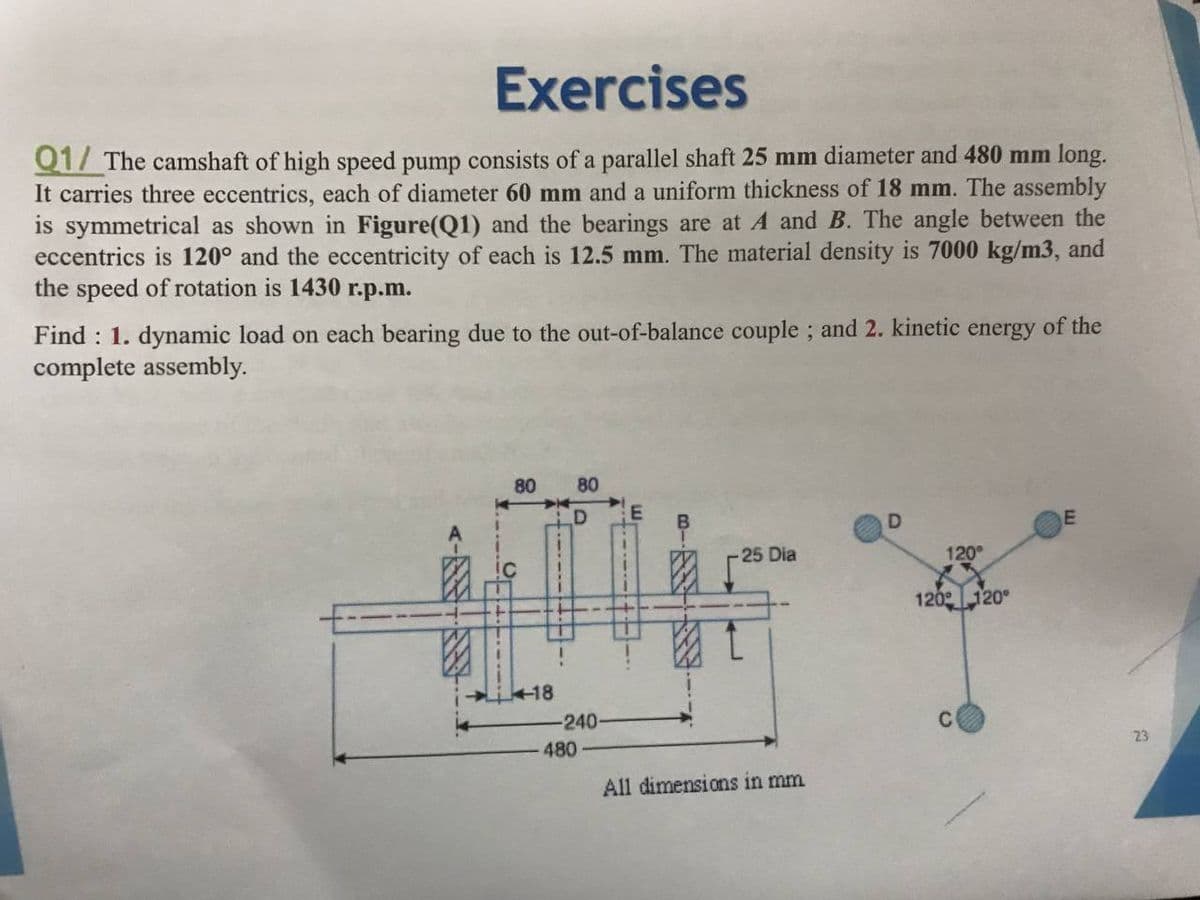 Exercises
Q17 The camshaft of high speed pump consists of a parallel shaft 25 mm diameter and 480 mm long.
It carries three eccentrics, each of diameter 60 mm and a uniform thickness of 18 mm. The assembly
is symmetrical as shown in Figure(Q1) and the bearings are at A and B. The angle between the
eccentrics is 120° and the eccentricity of each is 12.5 mm. The material density is 7000 kg/m3, and
the speed of rotation is 1430 r.p.m.
Find : 1. dynamic load on each bearing due to the out-of-balance couple; and 2. kinetic energy of the
complete assembly.
80
80
25 Dia
120°
1202120°
+18
-240-
C
480
23
All dimensions in mm
