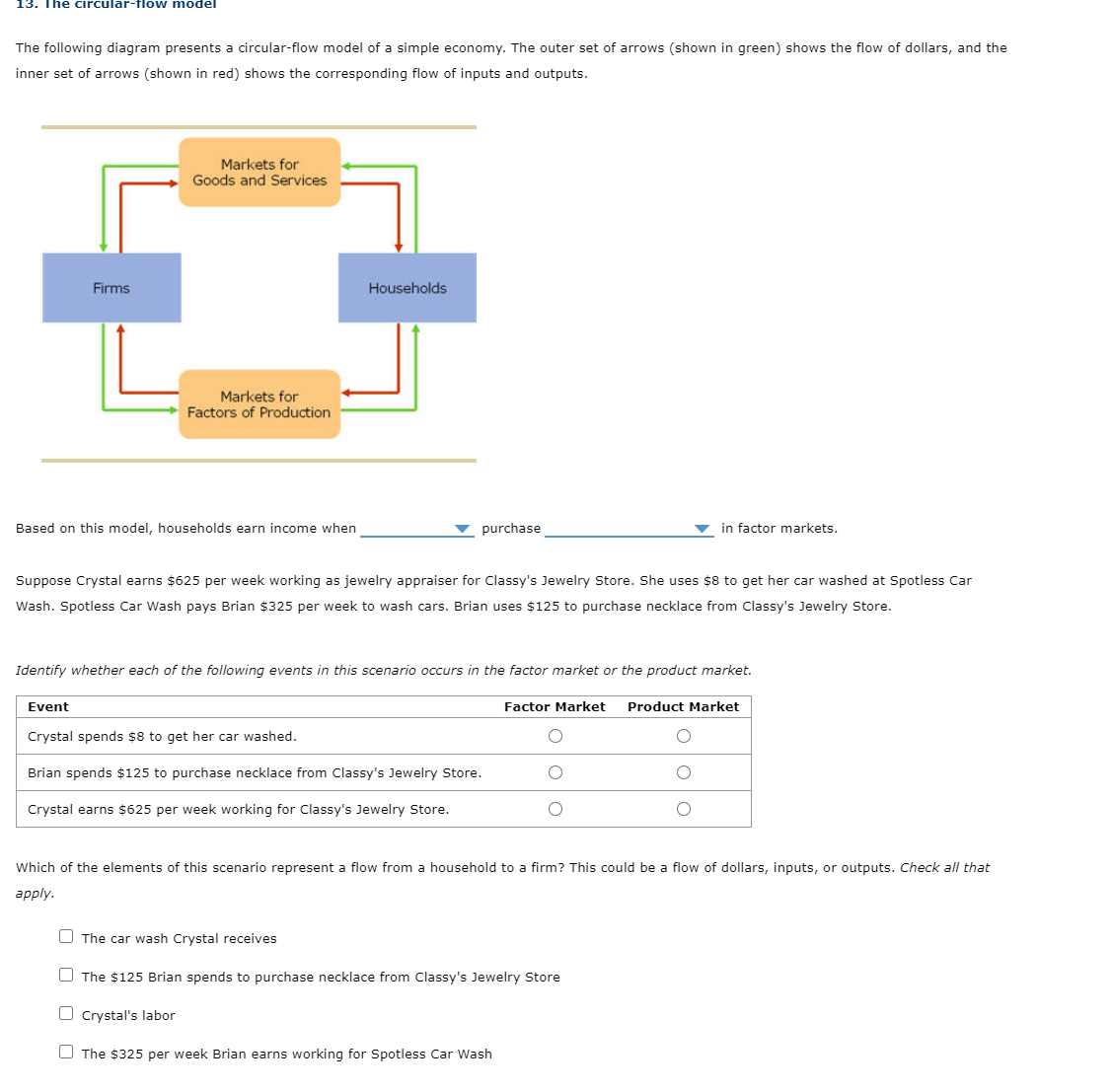 13. The circular-flow model
The following diagram presents a circular-flow model of a simple economy. The outer set of arrows (shown in green) shows the flow of dollars, and the
inner set of arrows (shown in red) shows the corresponding flow of inputs and outputs.
Markets for
Goods and Services
Firms
Households
Markets for
Factors of Production
Based on this model, households earn income when
purchase
v in factor markets.
Suppose Crystal earns $625 per week working as jewelry appraiser for Classy's Jewelry Store. She uses $8 to get her car washed at Spotless Car
Wash. Spotless Car Wash pays Brian $325 per week to wash cars. Brian uses $125 to purchase necklace from Classy's Jewelry Store.
Identify whether each of the following events in this scenario occurs in the factor market or the product market.
Event
Factor Market
Product Market
Crystal spends $8 to get her car washed.
Brian spends $125 to purchase necklace from Classy's Jewelry Store.
Crystal earns $625 per week working for Classy's Jewelry Store.
Which of the elements of this scenario represent a flow from a household to a firm? This could be a flow of dollars, inputs, or outputs. Check all that
apply.
O The car wash Crystal receives
O The $125 Brian spends to purchase necklace from Classy's Jewelry Store
O Crystal's labor
O The $325 per week Brian earns working for Spotless Car Wash
