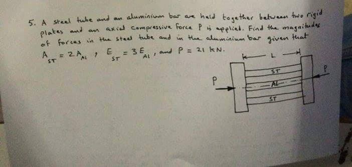 5A Steel tube and an aluminium bar a held together between two rigid
elates and am axid compressive force P i pelied. Find the magnitudes
t ferces in the steed tube and in the aluminium bar given that
A = 2A ,
E
= 3E
ST
!!
ST
and P = 21 kN.
k ーL
ST
AL
ST
