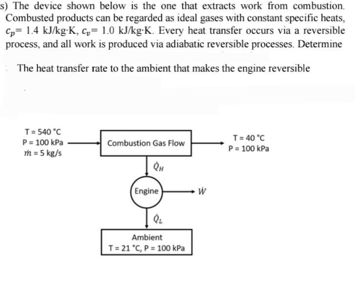 s) The device shown below is the one that extracts work from combustion.
Combusted products can be regarded as ideal gases with constant specific heats,
Cp= 1.4 kJ/kg-K, c₂= 1.0 kJ/kg.K. Every heat transfer occurs via a reversible
process, and all work is produced via adiabatic reversible processes. Determine
The heat transfer rate to the ambient that makes the engine reversible
T = 540 °C
P = 100 kPa
m = 5 kg/s
Combustion Gas Flow
T = 40 °C
P = 100 kPa
QH
Engine
QL
Ambient
T = 21 °C, P = 100 kPa
W