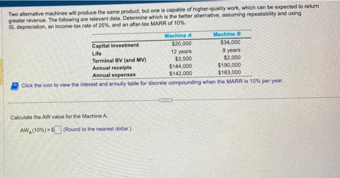 Two altemnative machines will produce the same product, but one is capable of higher-quality work, which can be expected to return
greater revenue. The following are relevant data. Determine which is the better alternative, assuming repeatability and using
SL depreciation, an income-tax rate of 25%, and an after-tax MARR of 10%.
Capital investment
Life
Machine A
$20,000
12 years
$3,500
Calculate the AW value for the Machine A.
AWA (10%) = $(Round to the nearest dollar.)
Terminal BV (and MV)
Annual receipts
Annual expenses
Click the icon to view the interest and annuity table for discrete compounding when the MARR is 10% per year.
Machine B
$34,000
9 years
$2,000
$144,000
$142,000
$190,000
$163,000