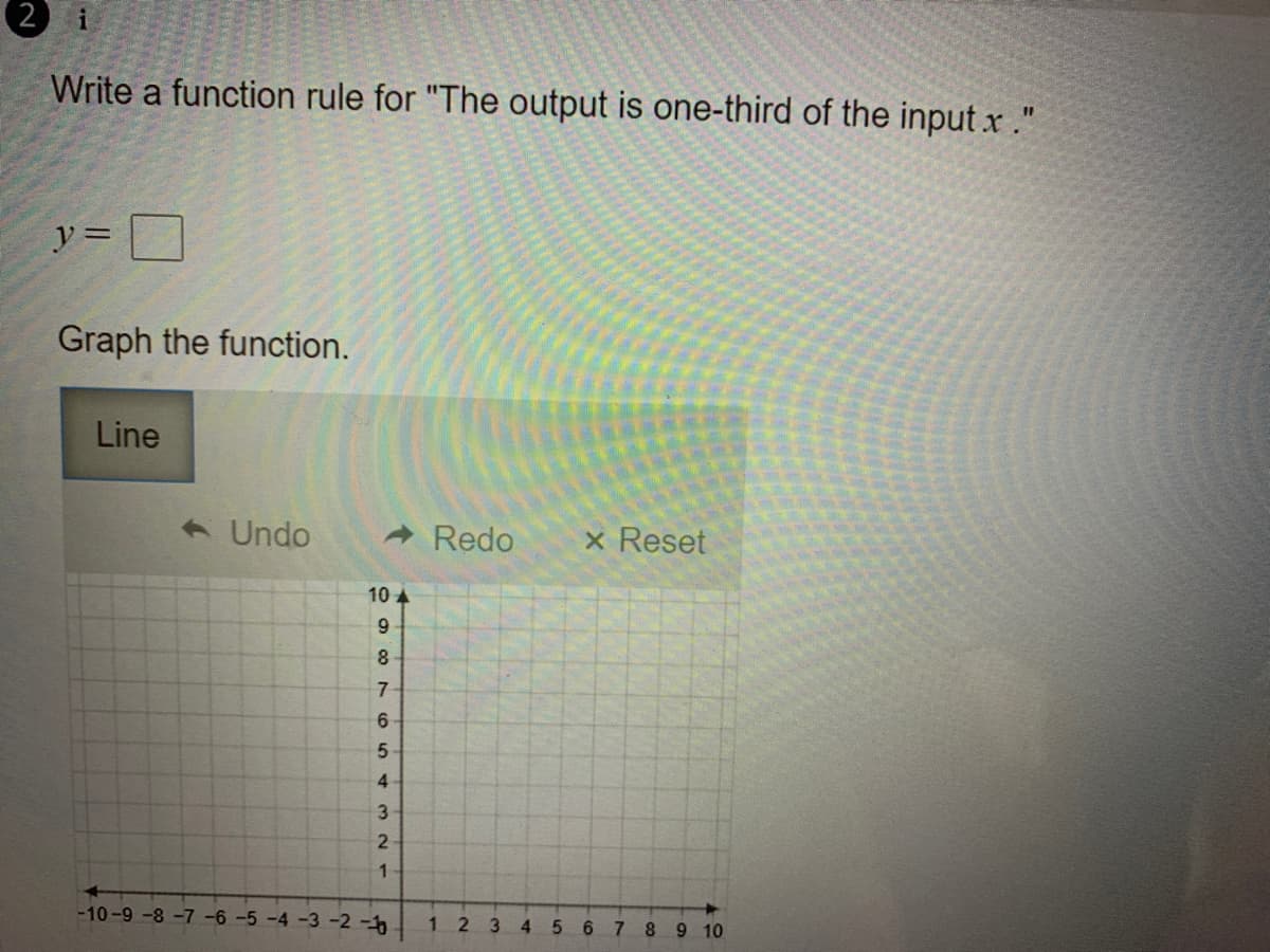 Write a function rule for "The output is one-third of the input x."
y =
Graph the function.
Line
< Undo
A Redo
x Reset
10 A
9
7.
6.
4.
2
-10-9 -8 -7 -6 -5 -4 -3 -2 -6
12 3 4 5 67 8 9 10
