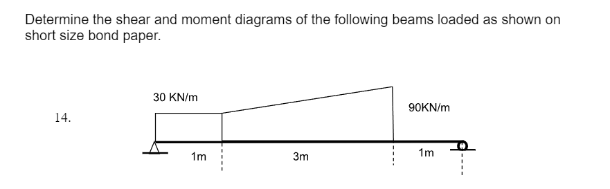 Determine the shear and moment diagrams of the following beams loaded as shown on
short size bond paper.
14.
30 KN/m
1m
3m
90KN/m
1m