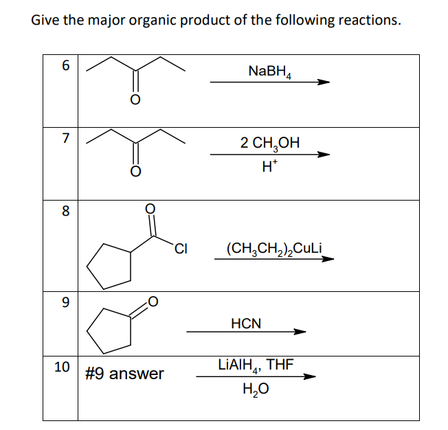 Give the major organic product of the following reactions.
6
7
8
9
10
#9 answer
NaBH4
2 CH₂OH
H*
CI (CH₂CH₂)₂CuLi
HCN
LIAIH, THF
H₂O