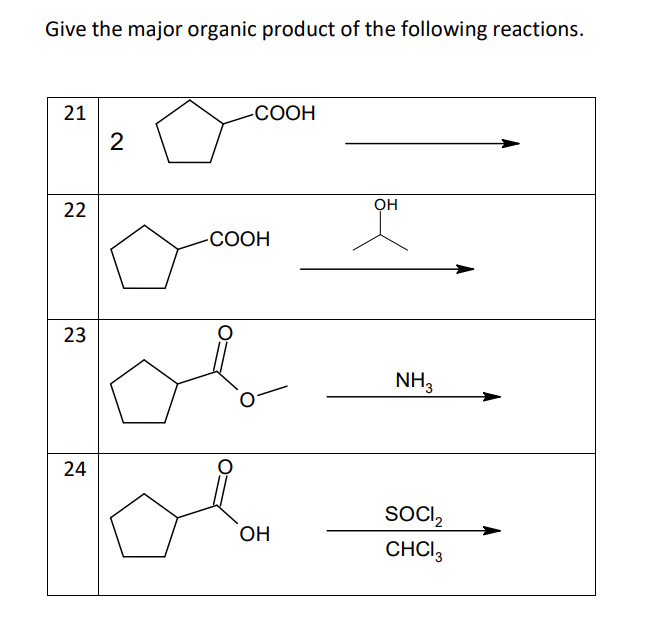 Give the major organic product of the following reactions.
21
22
23
24
2
-COOH
-COOH
OH
OH
NH3
SOCI₂
CHCI 3