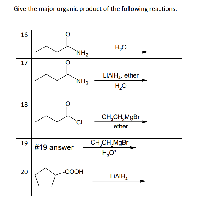Give the major organic product of the following reactions.
16
17
18
19
20
#19 answer
NH₂
NH₂
CI
-COOH
H₂O
LiAlH4, ether
H₂O
CH₂CH₂MgBr
ether
CH₂CH₂MgBr
H₂O*
LIAIH