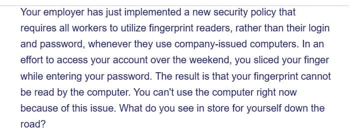 Your employer has just implemented a new security policy that
requires all workers to utilize fingerprint readers, rather than their login
and password, whenever they use company-issued computers. In an
effort to access your account over the weekend, you sliced your finger
while entering your password. The result is that your fingerprint cannot
be read by the computer. You can't use the computer right now
because of this issue. What do you see in store for yourself down the
road?