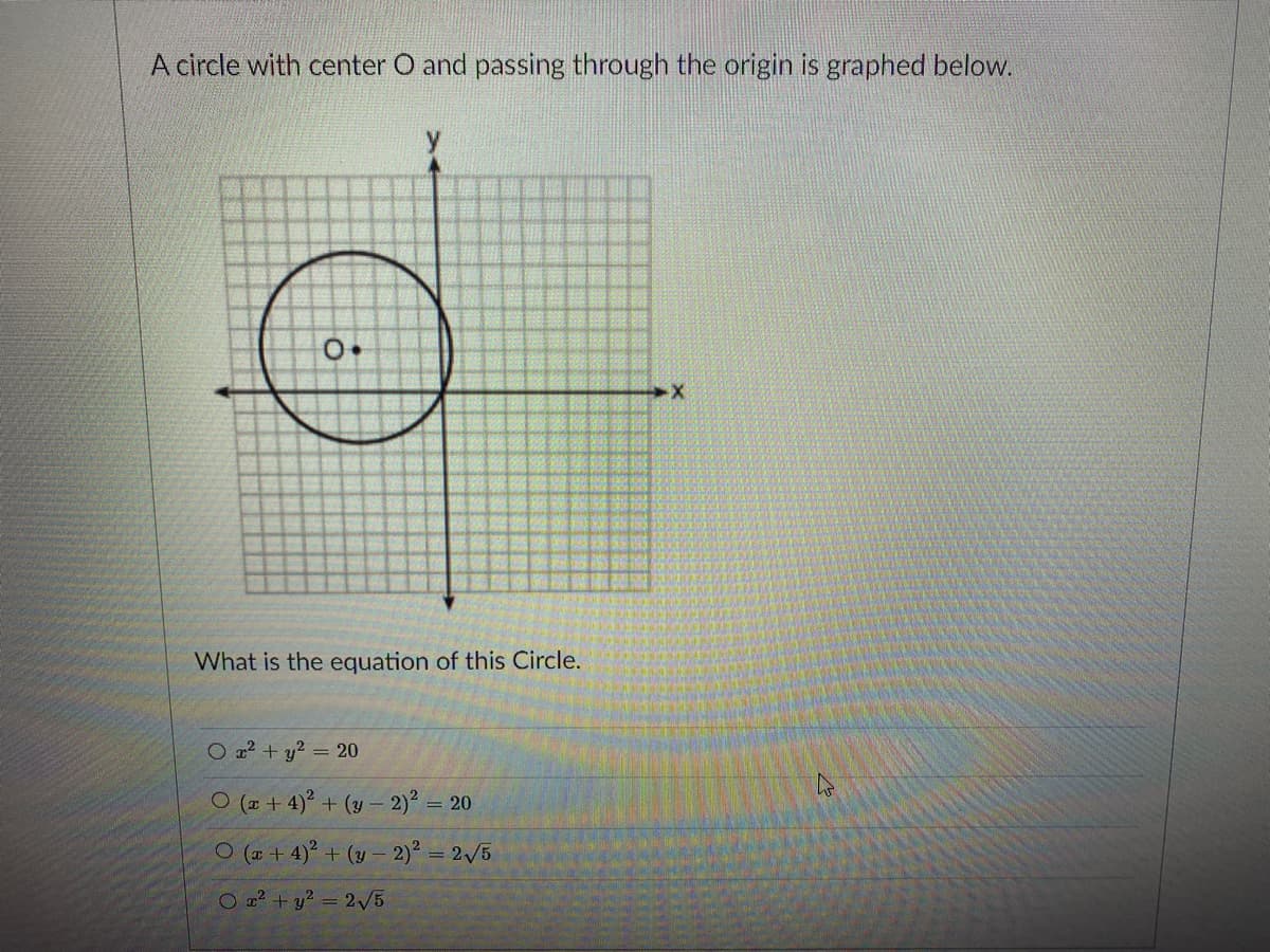 A circle with center O and passing through the origin is graphed below.
What is the equation of this Circle.
O a2 + y2 = 20
O (a + 4)? + (y – 2)? = 20
O (2 + 4)° + (y – 2) = 2/5
O a? + y? = 2v5
