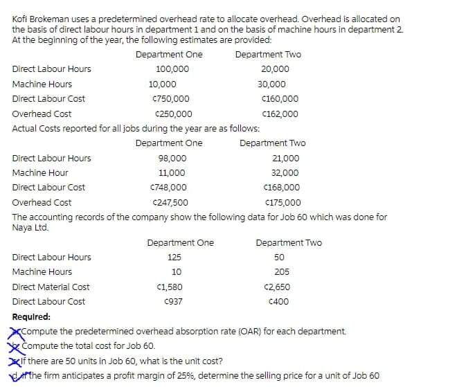 Kofi Brokeman uses a predetermined overhead rate to allocate overhead. Overhead is allocated on
the basis of direct labour hours in department 1 and on the basis of machine hours in department 2.
At the beginning of the year, the following estimates are provided:
Department One
Department Two
Direct Labour Hours
100,000
20,000
Machine Hours
10,000
30,000
Direct Labour Cost
C750,000
C160,000
Overhead Cost
C250,000
C162,000
Actual Costs reported for all jobs during the year are as follows:
Department One
Department Two
Direct Labour Hours
98,000
21,000
Machine Hour
11,000
32,000
Direct Labour Cost
C748,000
c168,000
Overhead Cost
C247,500
C175,000
The accounting records of the company show the following data for Job 60 which was done for
Naya Ltd.
Department One
Department Two
Direct Labour Hours
125
50
Machine Hours
10
205
Direct Material Cost
C1,580
c2,650
Direct Labour Cost
C937
C400
Requlred:
XCompute the predetermined overhead absorption rate (OAR) for each department.
X Compute the total cost for Job 60.
Xif there are 50 units in Job 60, what is the unit cost?
Athe firm anticipates a profit margin of 25%, determine the selling price for a unit of Job 60
