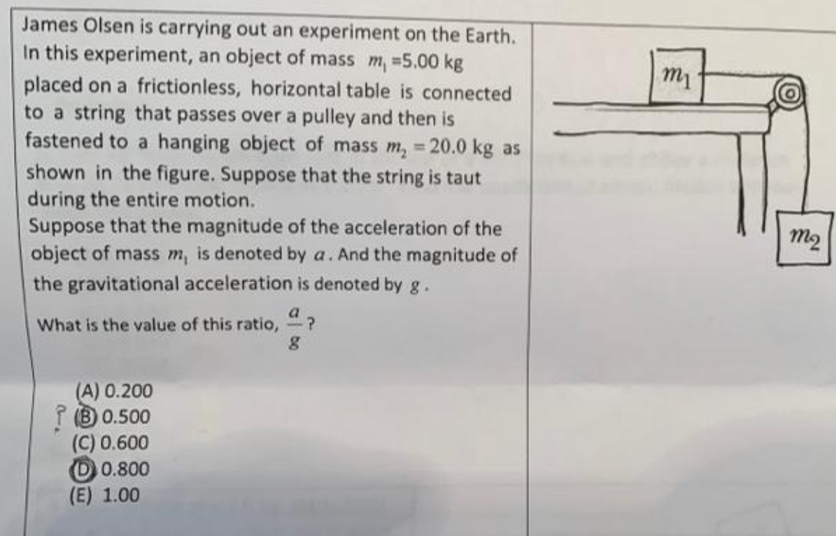 James Olsen is carrying out an experiment on the Earth.
In this experiment, an object of mass m₁ = 5.00 kg
placed on a frictionless, horizontal table is connected
to a string that passes over a pulley and then is
fastened to a hanging object of mass m₂ = 20.0 kg as
shown in the figure. Suppose that the string is taut
during the entire motion.
Suppose that the magnitude of the acceleration of the
object of mass m, is denoted by a. And the magnitude of
the gravitational acceleration is denoted by g.
What is the value of this ratio, ?
g
(A) 0.200
(80.500
(C) 0.600
0.800
(E) 1.00
m₁
O
m₂