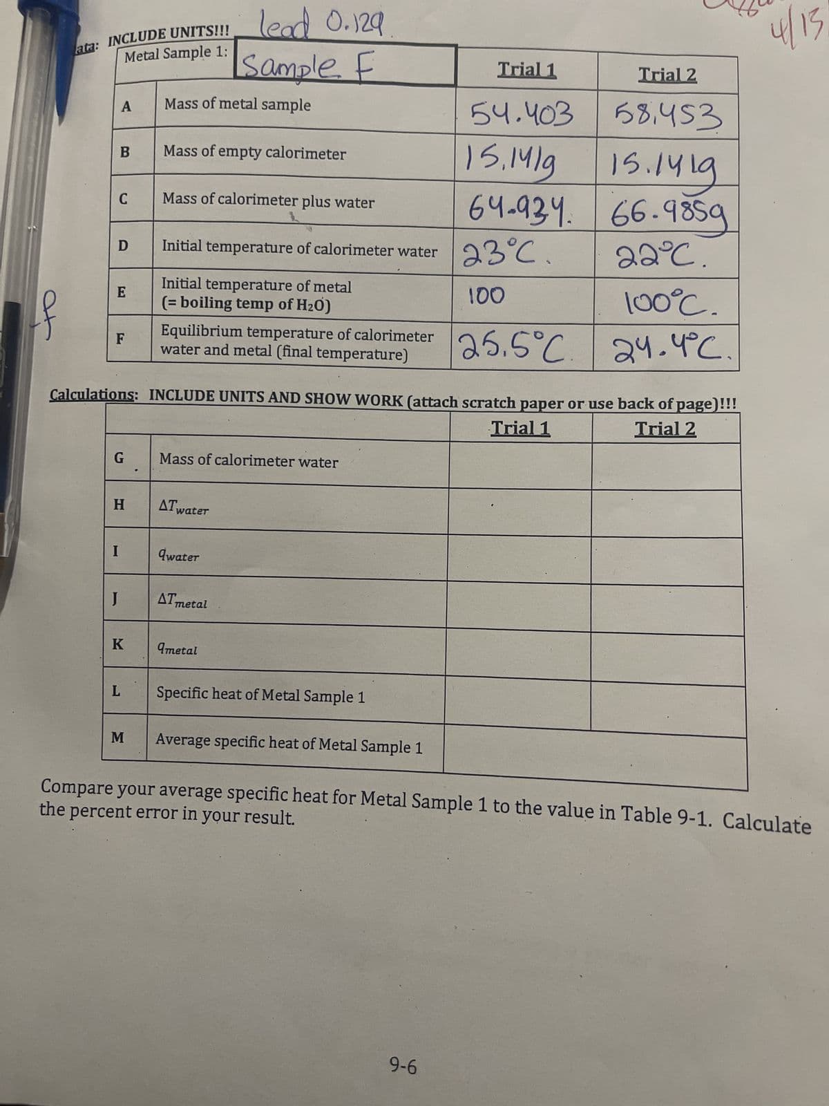 ff
lata: INCLUDE UNITS!!!
Metal Sample 1:
A
B
C
D
E
F
G
I
H
J
K
L
M
Mass of metal sample
Mass of empty calorimeter
Mass of calorimeter plus water
Calculations: INCLUDE UNITS AND SHOW WORK (attach scratch paper or use back of page)!!!
Trial 1
Trial 2
Initial temperature of calorimeter water
Initial temperature of metal
(= boiling temp of H₂0)
lead 0.129
Sample E
Equilibrium temperature of calorimeter
water and metal (final temperature)
Mass of calorimeter water
ΔΤ,
water
qwater
ATmetal
qmetal
Specific heat of Metal Sample 1
Average specific heat of Metal Sample 1
Trial 1
54.403
15.14/g
15.1419
64.934. 66.9859
23°C.
22°℃.
100
25.5°C
9-6
Trial 2
58,453
100°C.
२५.५८.
4/15
the percent error in your result.
Compare your average specific heat for Metal Sample 1 to the value in Table 9-1. Calculate