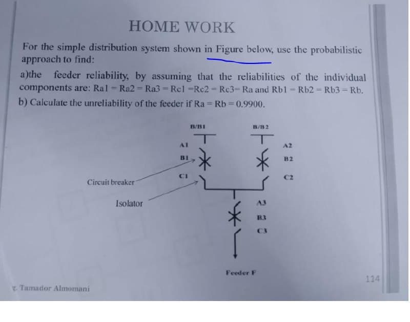 HOME WORK
For the simple distribution system shown in Figure below, use the probabilistic
approach to find:
a)the feeder reliability, by assuming that the reliabilities of the individual
components are: Ral Ra2 Ra3 Rel -Rc2 Rc3- Ra and Rb1 Rb2 Rb3 Rb.
b) Calculate the unreliability of the feeder if Ra = Rb = 0.9900.
%3D
%3D
%3D
%3D
%3D
B/BI
B/B2
A1
A2
BI
B2
CI
Circuit breaker
Isolator
A3
B3
C3
Feeder F
114
Tamador Almomani
