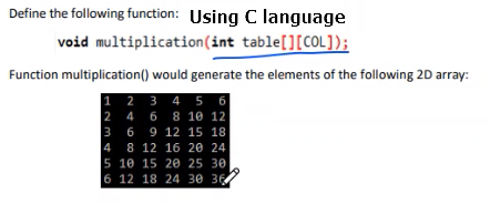 Define the following function: Using C language
void multiplication(int table[][COL]);
Function multiplication() would generate the elements of the following 2D array:
1 2 3 4 5 6
2 4 6 8 10 12
3 6 9 12 15 18
4 8 12 16 20 24
5 10 15 20 25 30
6 12 18 24 30 36
