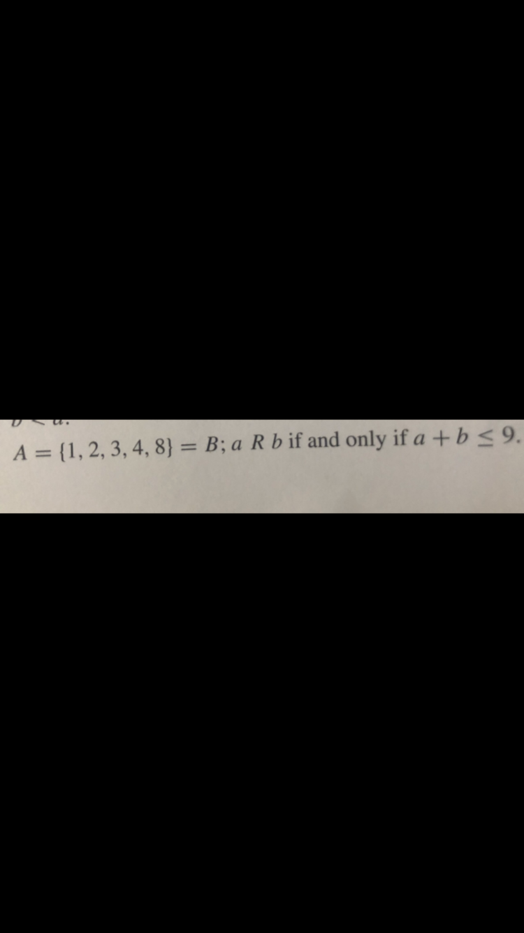 A = {1, 2, 3, 4, 8} = B; a R b if and only if a + b < 9.
