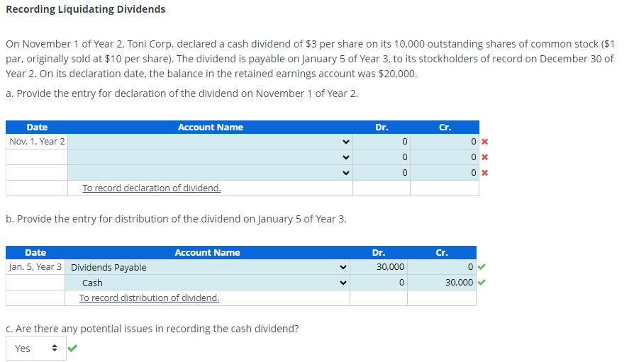 Recording Liquidating Dividends
On November 1 of Year 2, Toni Corp. declared a cash dividend of $3 per share on its 10,000 outstanding shares of common stock ($1
par, originally sold at $10 per share). The dividend is payable on January 5 of Year 3, to its stockholders of record on December 30 of
Year 2. On its declaration date, the balance in the retained earnings account was $20,000.
a. Provide the entry for declaration of the dividend on November 1 of Year 2.
Date
Nov. 1, Year 2
Account Name
To record declaration of dividend.
b. Provide the entry for distribution of the dividend on January 5 of Year 3.
Date
Account Name
Jan. 5, Year 3 Dividends Payable
Cash
To record distribution of dividend.
c. Are there any potential issues in recording the cash dividend?
Yes
÷
Dr.
Cr.
0
0 %
0
0 x
0
0x
Dr.
Cr.
30,000
0
30,000