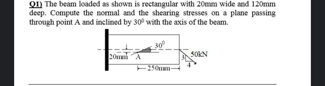 Q1) The beam loaded as shown is rectangular with 20mm wide and 120mm
deep. Compute the normal and the shearing stresses on a plane passing
through point A and inclined by 30° with the axis of the beam.
30°
20mm A
50kN
4
E250mm-
