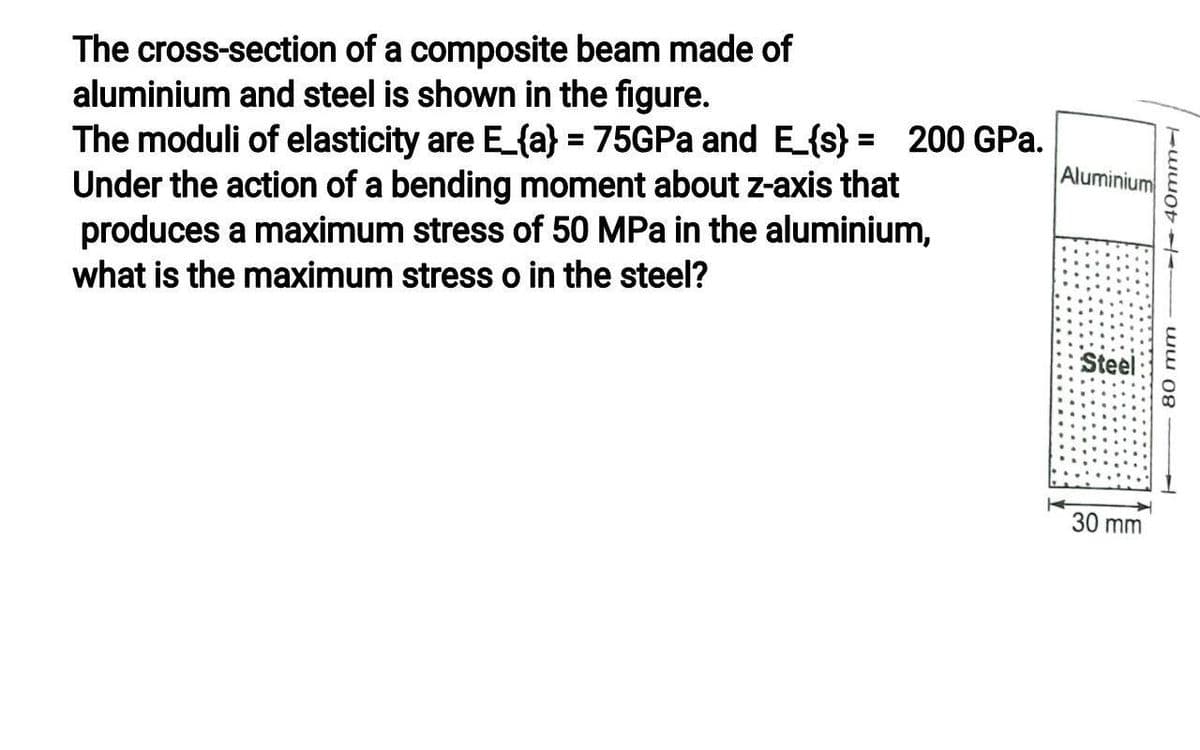 The cross-section of a composite beam made of
aluminium and steel is shown in the figure.
The moduli of elasticity are E_{a} = 75GPA and E_{s} = 200 GPa.
Under the action of a bending moment about z-axis that
produces a maximum stress of 50 MPa in the aluminium,
what is the maximum stress o in the steel?
%3D
%3D
Aluminium
Steel:
30 mm
1- - ww 08
