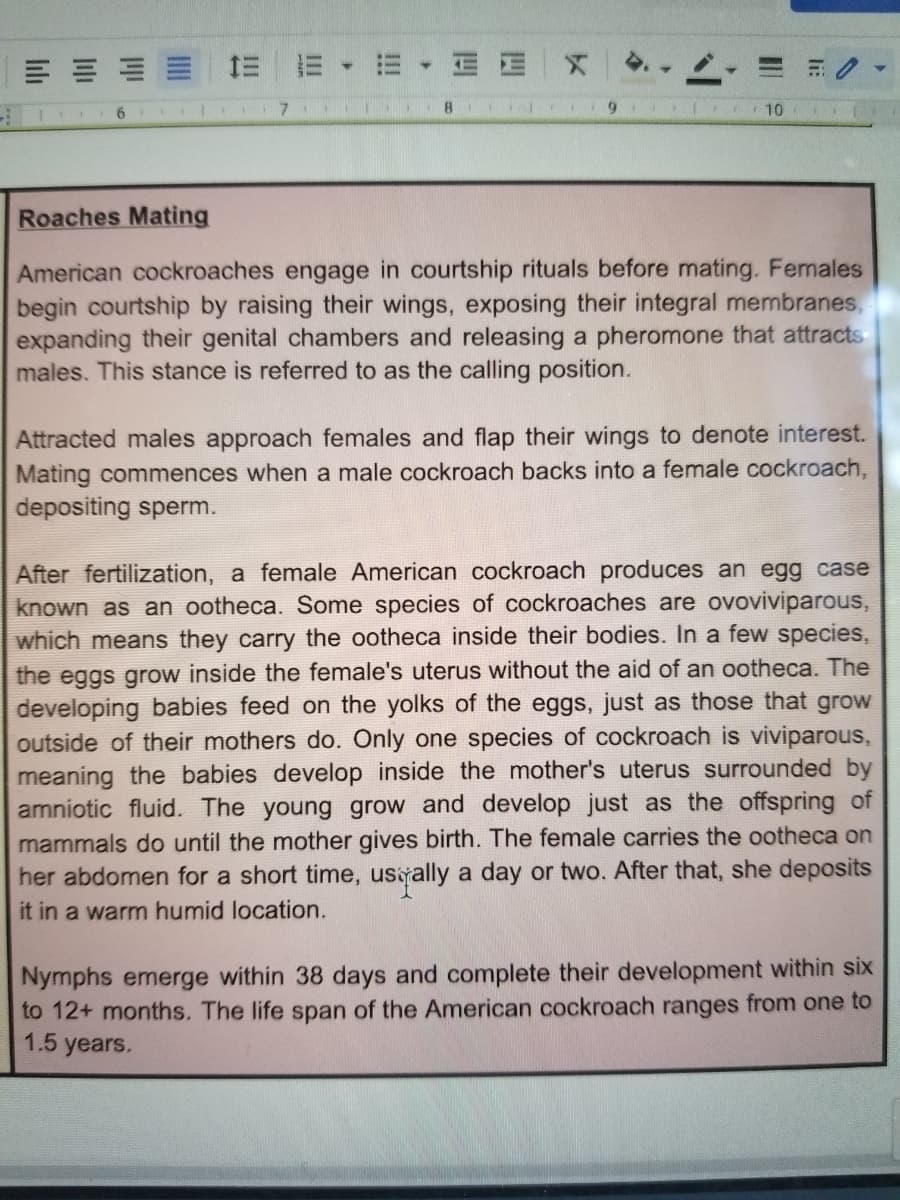 三 =
4.
7.
10
Roaches Mating
American cockroaches engage in courtship rituals before mating. Females
begin courtship by raising their wings, exposing their integral membranes,
expanding their genital chambers and releasing a pheromone that attracts
males. This stance is referred to as the calling position.
Attracted males approach females and flap their wings to denote interest.
Mating commences when a male cockroach backs into a female cockroach,
depositing sperm.
After fertilization, a female American cockroach produces an egg case
known as an ootheca. Some species of cockroaches are ovoviviparous,
which means they carry the ootheca inside their bodies. In a few species,
the eggs grow inside the female's uterus without the aid of an ootheca. The
developing babies feed on the yolks of the eggs, just as those that grow
outside of their mothers do. Only one species of cockroach is viviparous,
meaning the babies develop inside the mother's uterus surrounded by
amniotic fluid. The young grow and develop just as the offspring of
mammals do until the mother gives birth. The female carries the ootheca on
her abdomen for a short time, usyally a day or two. After that, she deposits
it in a warm humid location.
Nymphs emerge within 38 days and complete their development within six
to 12+ months. The life span of the American cockroach ranges from one to
1.5 years.
四
!!
三
lılı
