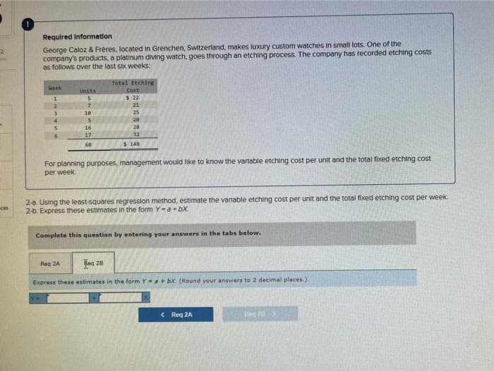 ces
Required Information.
George Caloz & Frères, located in Grenchen, Switzerland, makes luxury custom watches in small lots. One of the
company's products, a platinum diving watch, goes through an etching process. The company has recorded etching costs
as follows over the last six weeks:
1
2
3
4
5
Units
5
45454
10
Req 2A
16
17
60
Total Etching
Cost
5 22
21
25
20
28
32
For planning purposes, management would like to know the variable etching cost per unit and the total fixed etching cost
per week.
$ 148
2-a. Using the least-squares regression method, estimate the variable etching cost per unit and the total fixed etching cost per week..
2-b. Express these estimates in the form Y=a+bX
Complete this question by entering your answers in the tabs below.
eq 28
Express these estimates in the form Y= a + bx. (Round your answers to 2 decimal places.)
< Req2A
Reg 213
