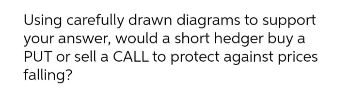 Using carefully drawn diagrams to support
your answer, would a short hedger buy a
PUT or sell a CALL to protect against prices
falling?
