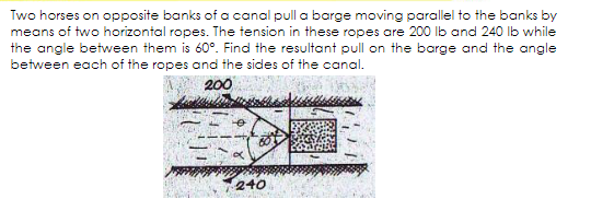 Two horses on opposite banks of a canal pull a barge moving parallel to the banks by
means of two horizontal ropes. The tension in these ropes are 200 lb and 240 Ib while
the angle between them is 60°. Find the resultant pull on the barge and the angle
between each of the ropes and the sides of the canal.
200
240
