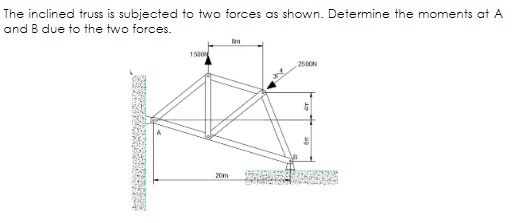 The inclined truss is subjected to two forces as shown. Determine the moments at A
and B due to the two forces.
1500
250ON
20m
