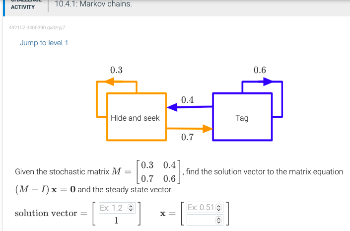 ACTIVITY
10.4.1: Markov chains.
492102.3400390.qx3zqy7
Jump to level 1
0.3
solution vector =
Hide and seek
0.3 0.4
0.4
Given the stochastic matrix M
80.]
(MI) x = 0 and the steady state vector.
Ex: 1.2 C
X=[
0.7 0.6
0.7
Tag
Ex: 0.51 €
0.6
find the solution vector to the matrix equation