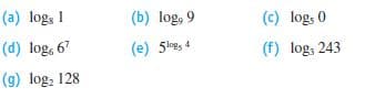 (a) logs 1
(b) log, 9
(c) log, 0
(d) log, 67
(e) 5leg, 4
(f) log, 243
(g) log, 128
