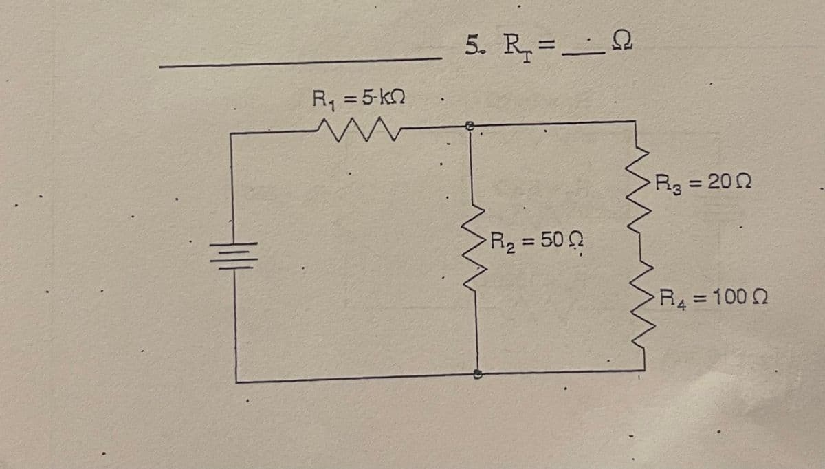 5. R=_Q
%3D
R, = 5 kn
Rg = 202
>
R2 = 500
%3D
R4 = 100 2
