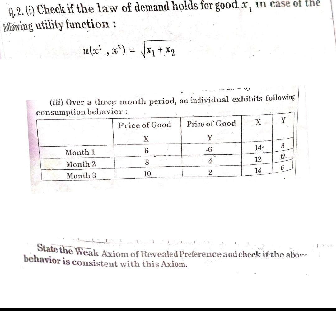 Q. 2. (i) Check if the law of demand holds for good x, in case of the
following utility function:
u(x' , x*) =
-- -- -u
(iii) Over a three month period, an individual exhibits following
consumption behavior :
Price of Good
Price of Good
Y
Y.
Month 1
6
-6
14
8
Month 2
8
4
12
12
Month 3
10
2
14
State the Weak Axiom of Revealed Preference and check if the abow
behavior is consistent with this Axiom.
